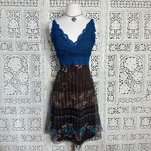 Y2K‎ Charlotte Russe Blue & Brown Lace Babydoll Knee Length Dress With Sequins